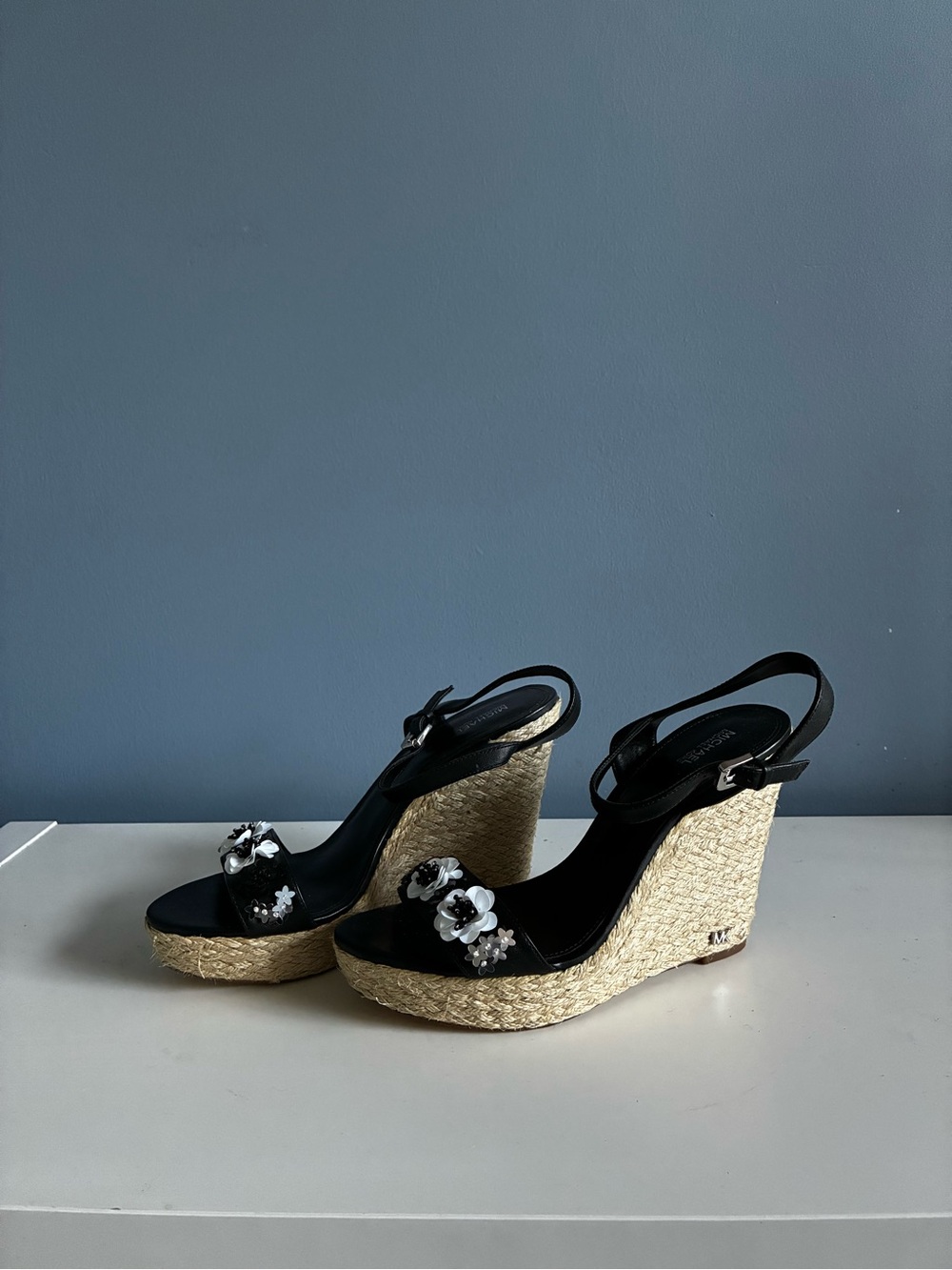 Michael Kors Black Espadrille Wedge Sandals with Floral Appliqués - Picture 2 of 5